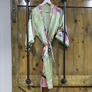 Peacock Pink Green Floral Satin Kimono Robe Large